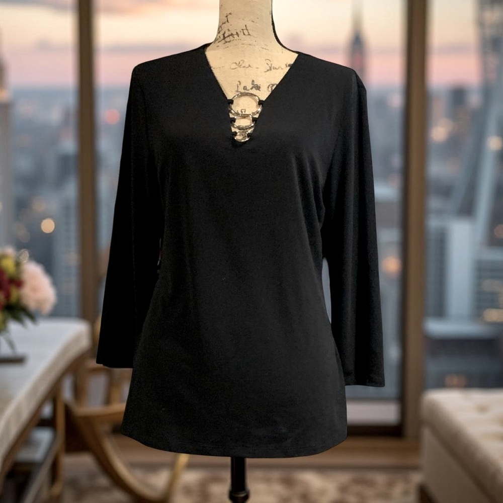 INC International Concepts Black V-Neck Blouse L
